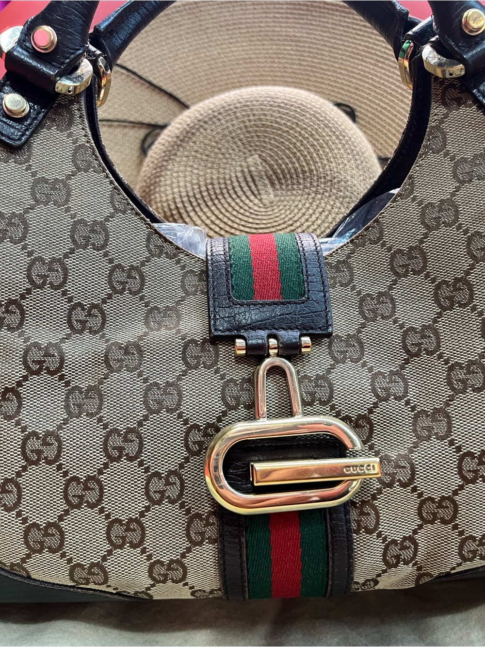 Gucci Brown GG Canvas Shoulder Hobo with Green-Red Web and Gold Accent - Picture 2 of 6